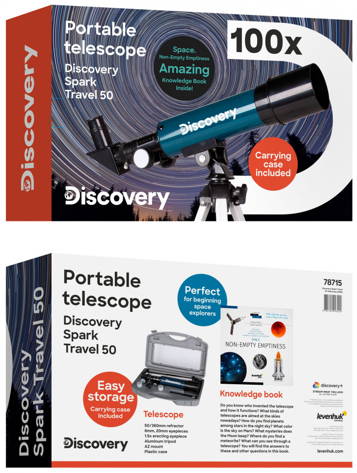 Телескоп Levenhuk Discovery Spark Travel 50 с книгой